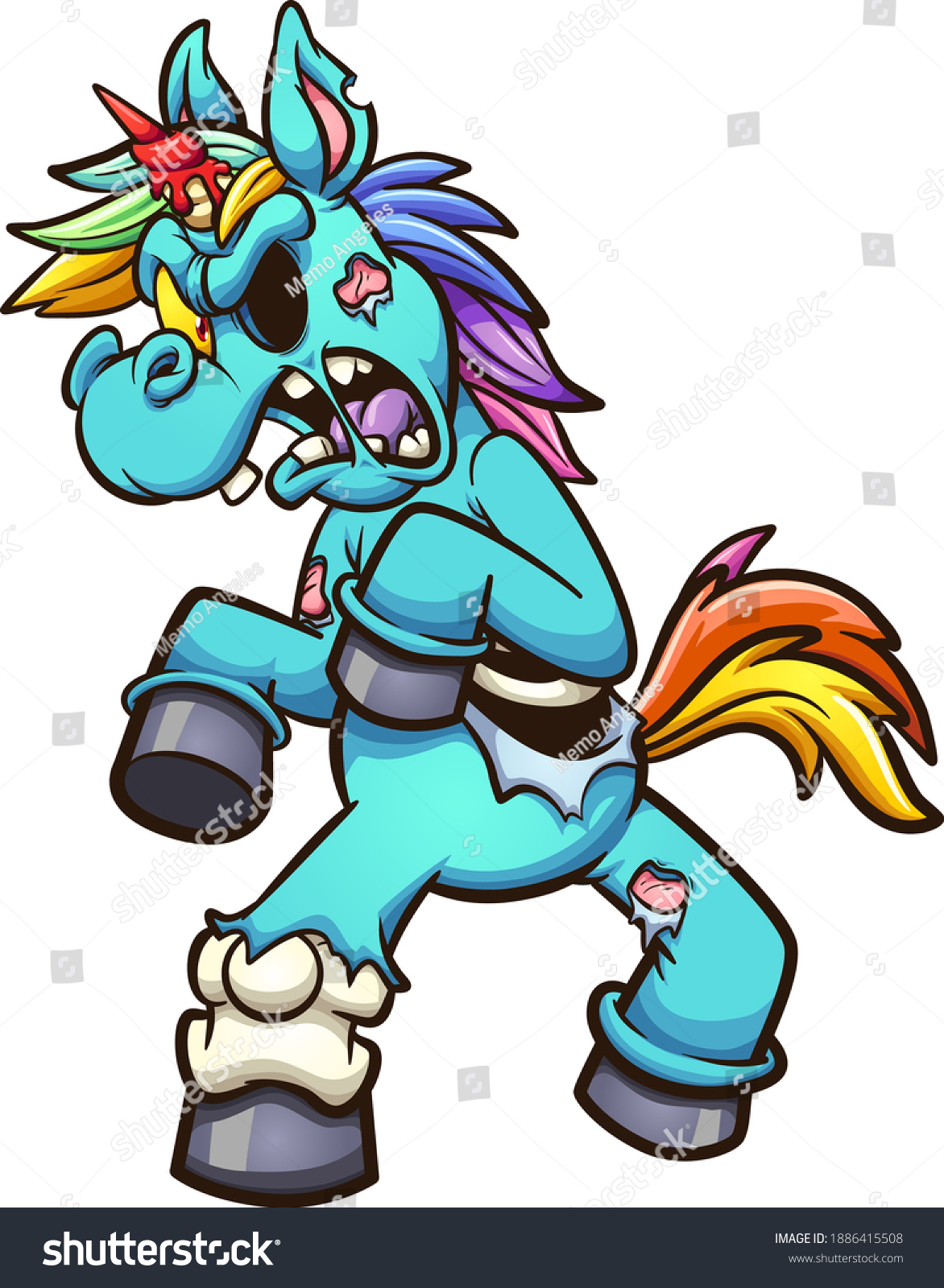 SVG of Zombie unicorn walking angry with bloody horn. Vector clip art illustration with simple gradients. All on a single layer.
 svg