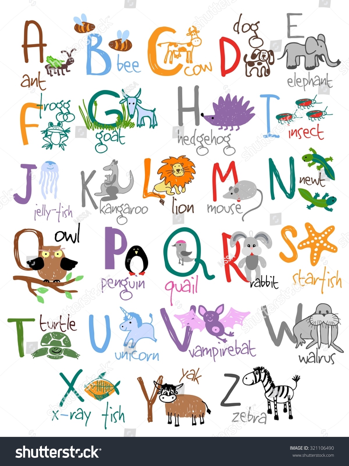 Zoo Alphabet. Ant Bee Cow Dog Frog Hedgehog Goat Insect Jellyfish Newt ...