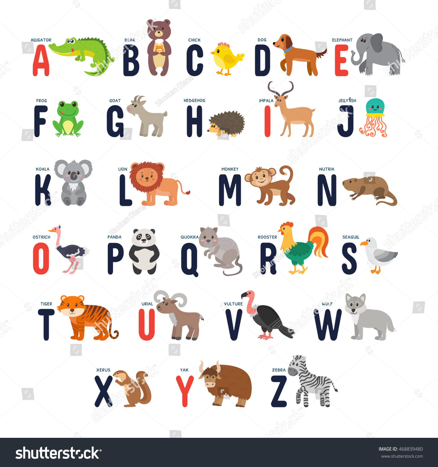 Zoo Alphabet With Cute Cartoon Animals. Vector Illustration - 468839480 ...